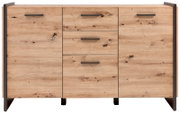 Frontale Ansicht einer modernen Kommode aus hellem Holz mit drei Schubladen und zwei Türen, versehen mit dunklen Griffen.