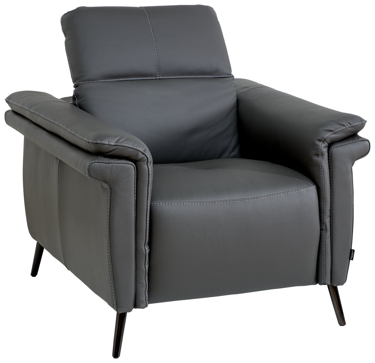 Grauer Ledersessel mit modernen Metallbeinen, Vorderansicht