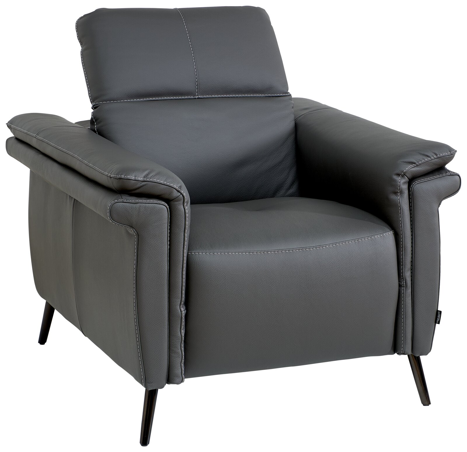 Grijze leren fauteuil met moderne metalen poten, vooraanzicht