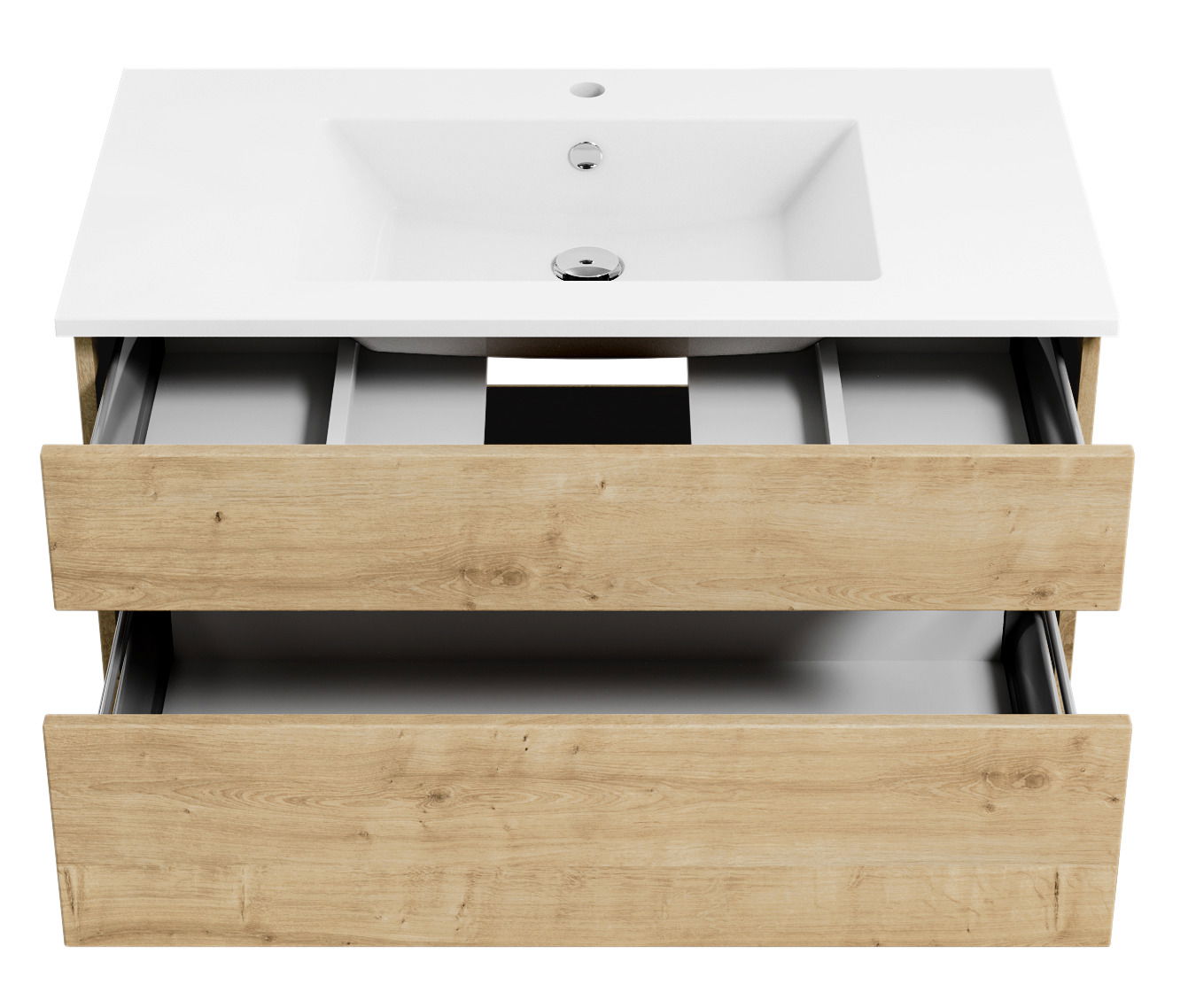 Waschtisch mit Holzoptik und zwei offenen Schubladen, Frontalansicht