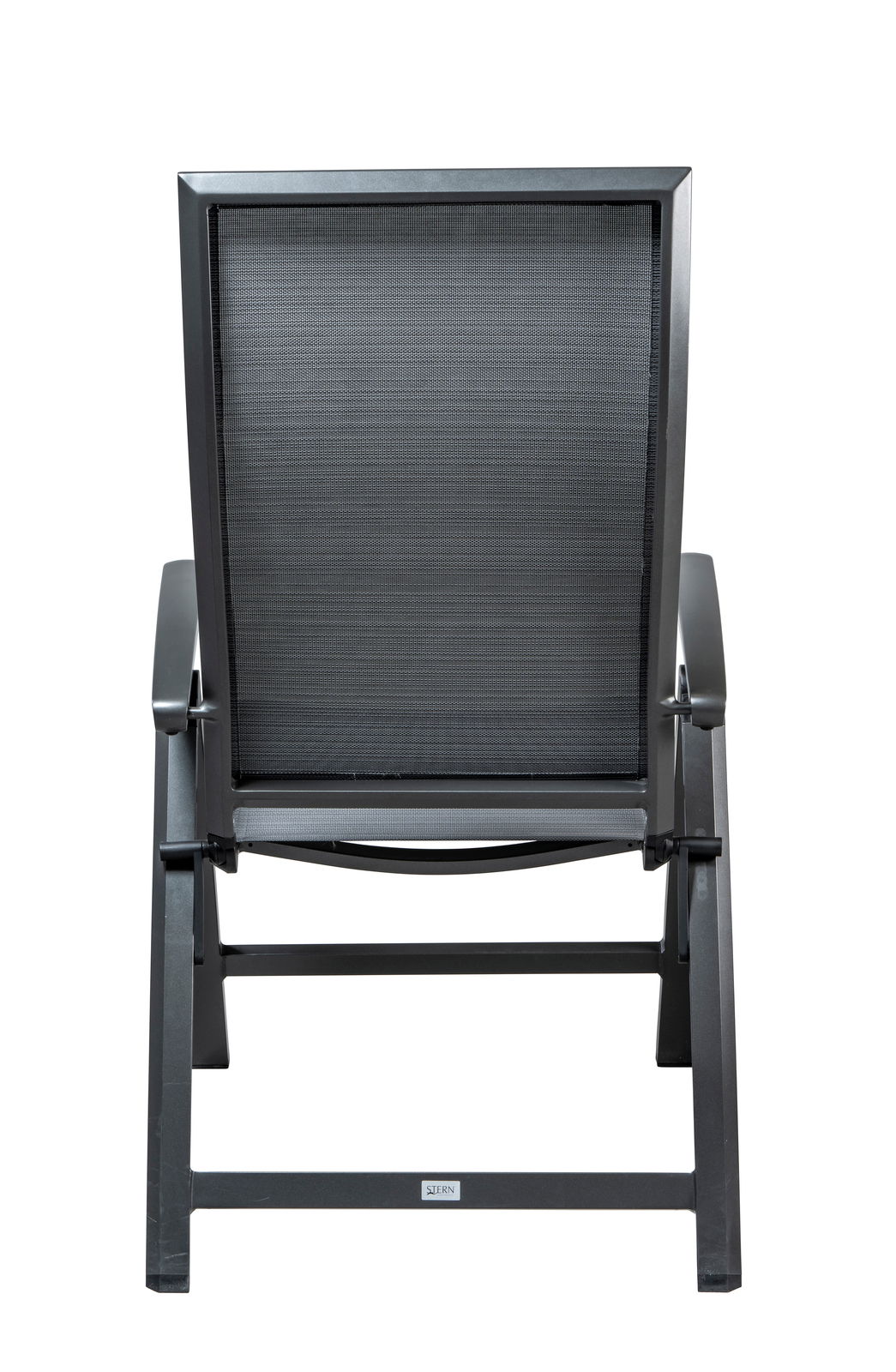 Rückansicht eines schwarzen Klappsessels Stern KARI mit Metallrahmen und Netzbespannung.