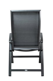 Rückansicht eines schwarzen Klappsessels Stern KARI mit Metallrahmen und Netzbespannung.