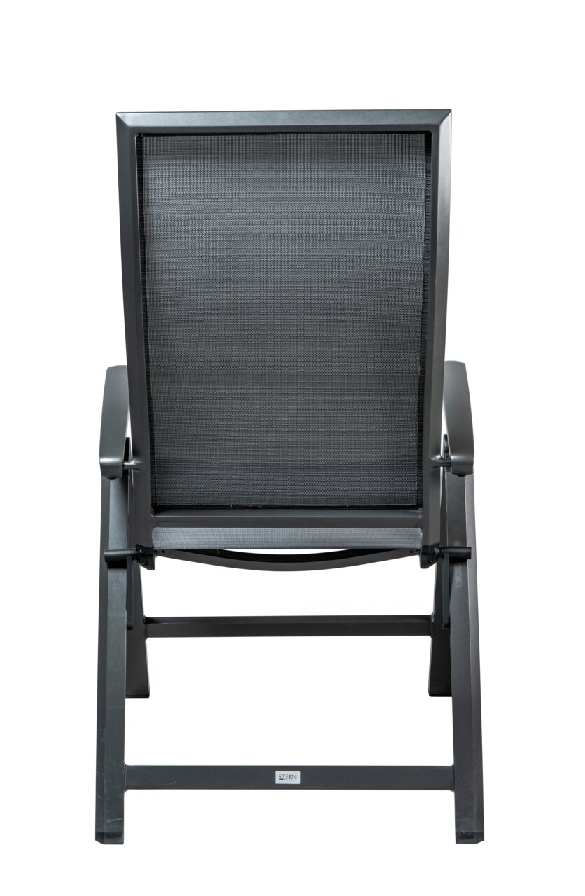 Rückansicht eines schwarzen Klappsessels Stern KARI mit Metallrahmen und Netzbespannung.