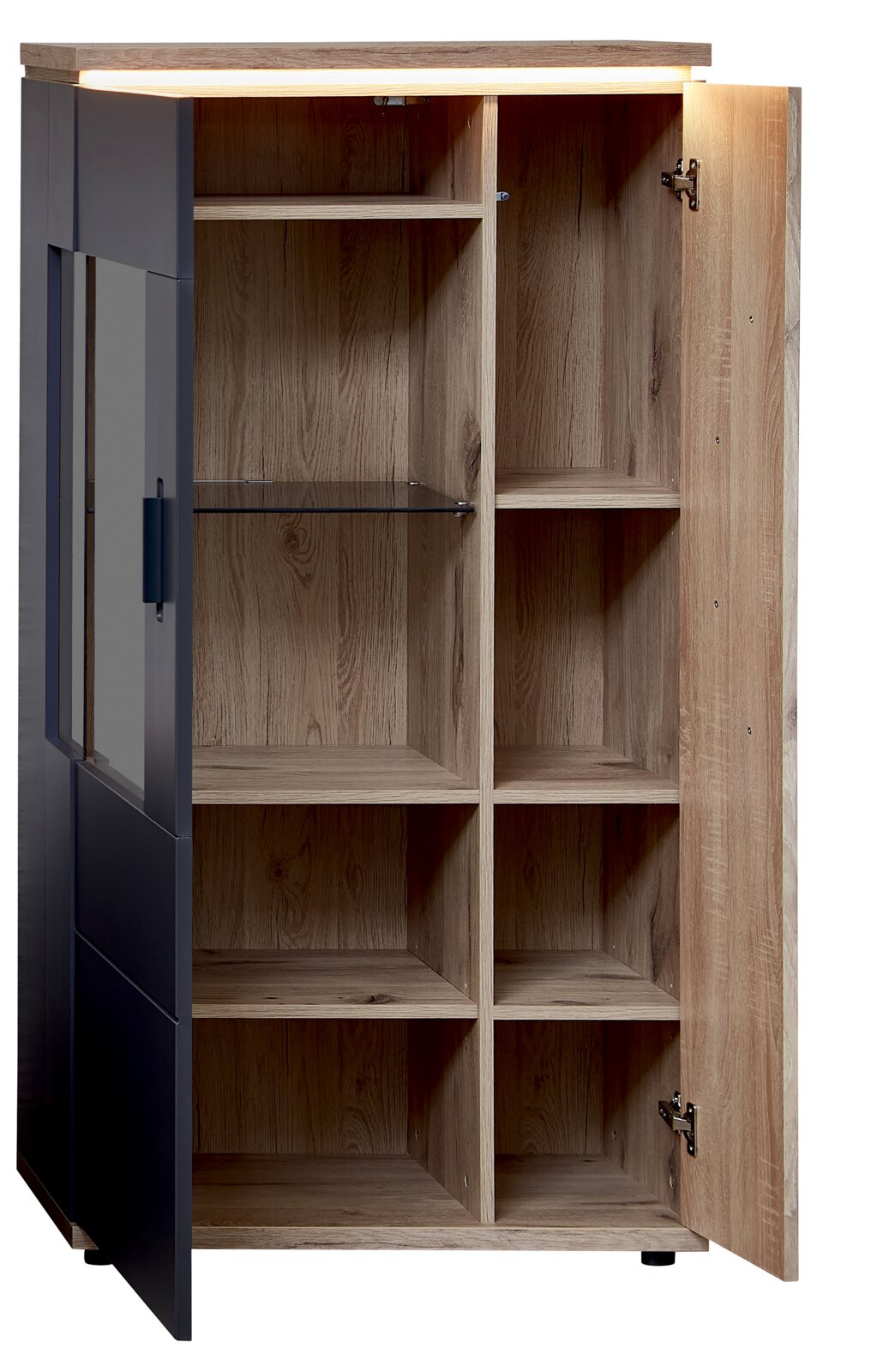 Stylife Highboard (rechts) SINA Offener Vitrinenschrank aus Holzoptik mit schwarzer Glastür, Innenfächern und LED-Beleuchtung, frontal in leichter Schrägansicht von links