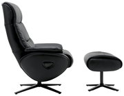 Zijaanzicht van een zwarte relaxfauteuil met bijpassende voetenbank, beide met draaibare voet.