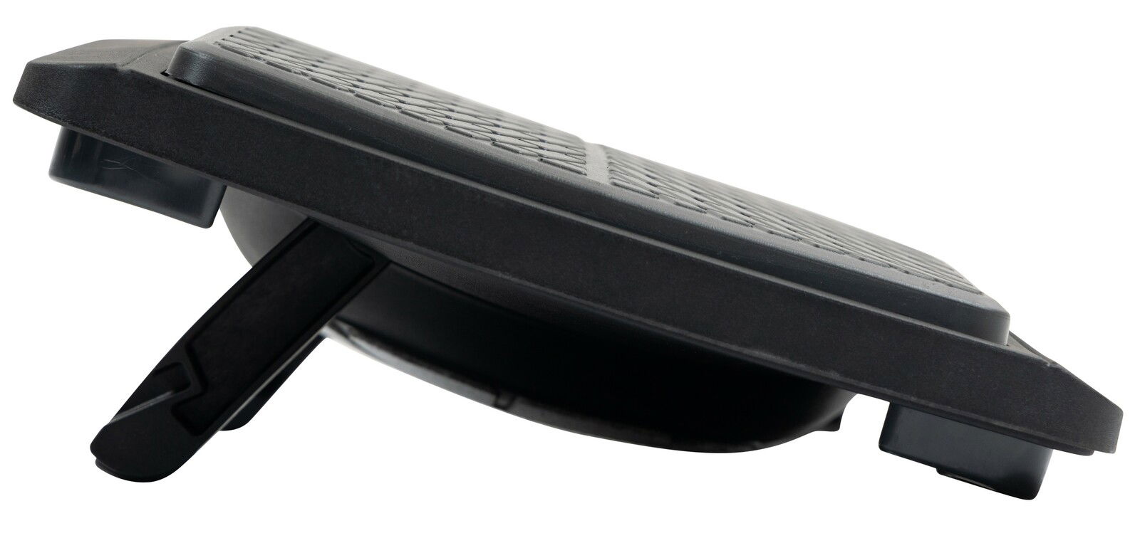 Seitliche Ansicht der schwarzen Fußstütze Novel TERENCE mit verstellbarem Neigungswinkel und rutschfester Oberfläche.