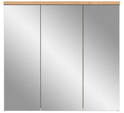 Spiegelschrank mit drei Türen und Holzleiste, Frontalansicht