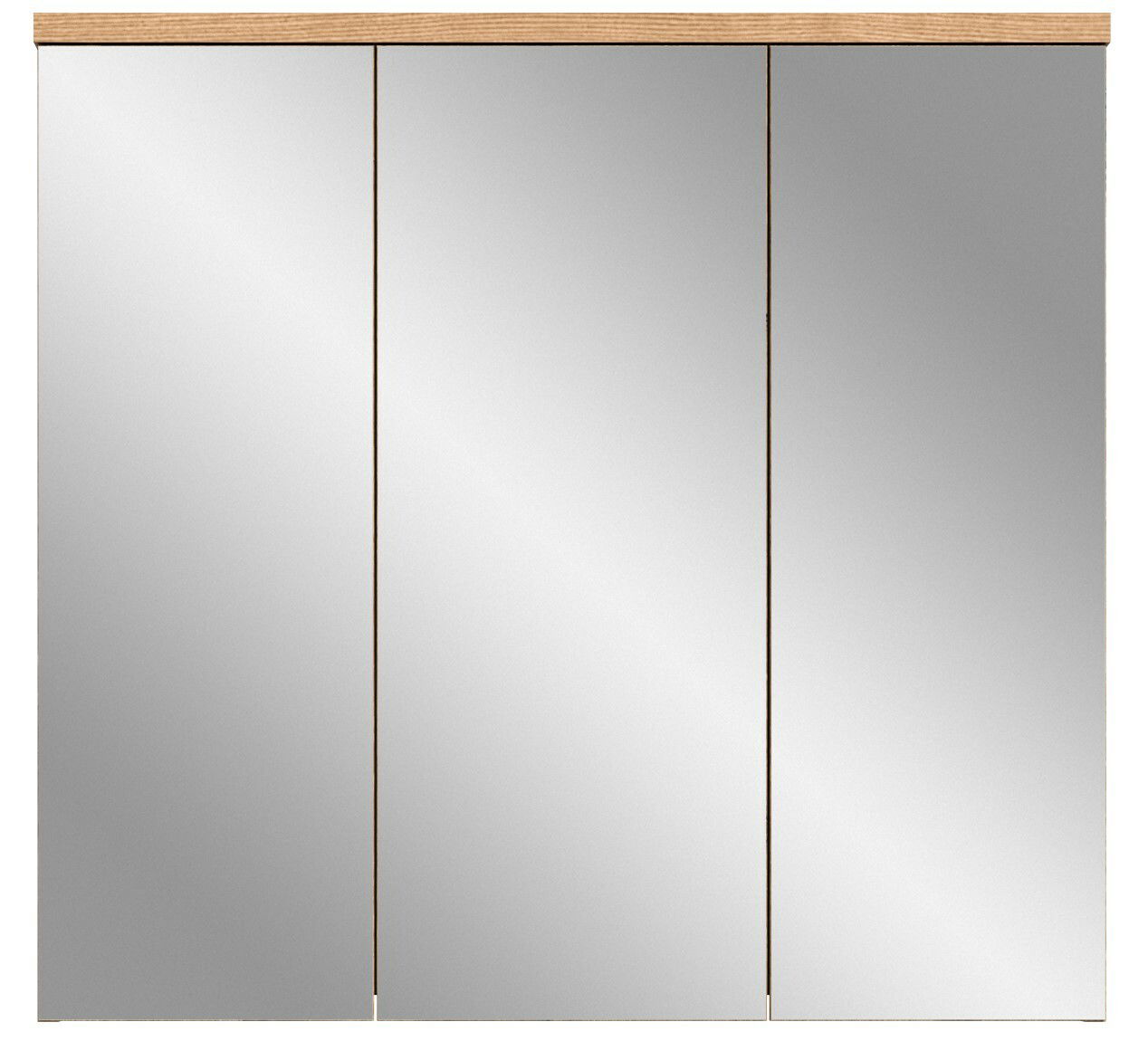 Spiegelschrank mit drei Türen und Holzleiste, Frontalansicht