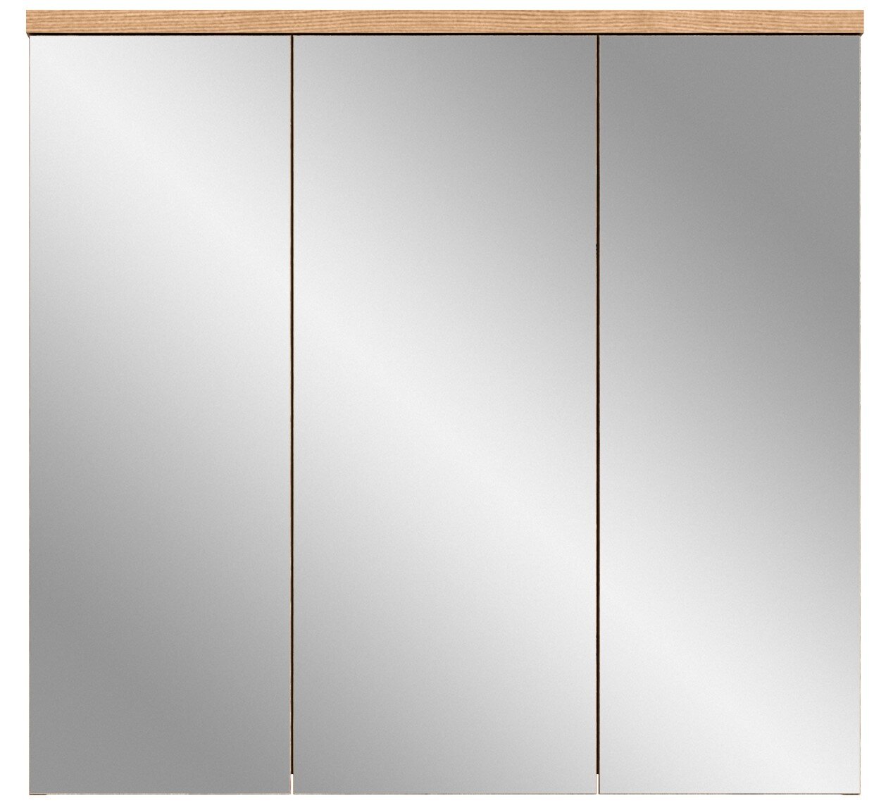 Spiegelschrank mit drei Türen und Holzleiste, Frontalansicht