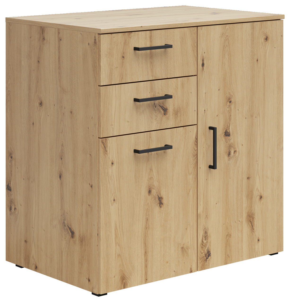 Carryhome Kommode MULTISTAURAUM Kommode aus Holz mit drei Schubladen und einer Tür, seitliche Perspektive