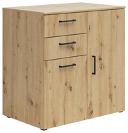 Kommode aus Holz mit drei Schubladen und einer Tür, seitliche Perspektive