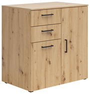 Kommode aus Holz mit drei Schubladen und einer Tür, seitliche Perspektive