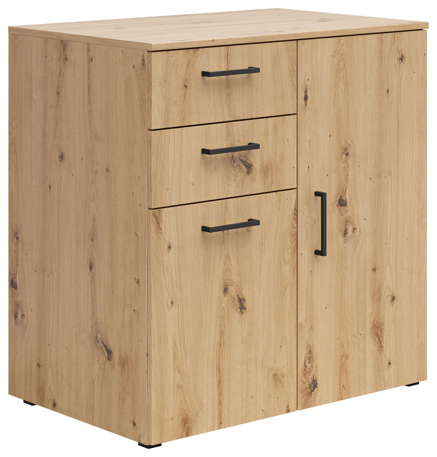Kommode aus Holz mit drei Schubladen und einer Tür, seitliche Perspektive