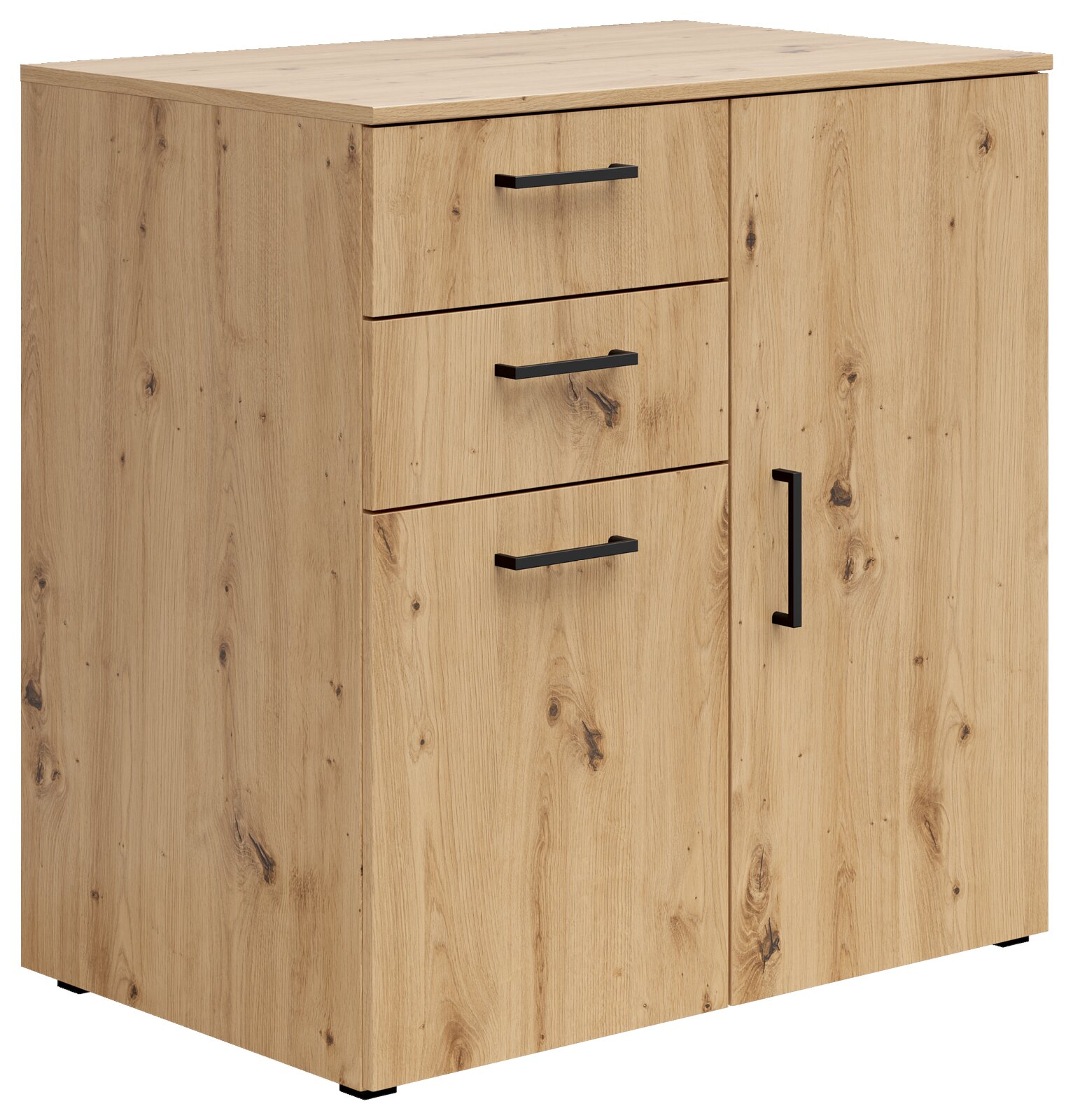 Kommode aus Holz mit drei Schubladen und einer Tür, seitliche Perspektive