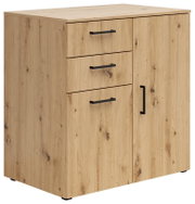 Kommode aus Holz mit drei Schubladen und einer Tür, seitliche Perspektive