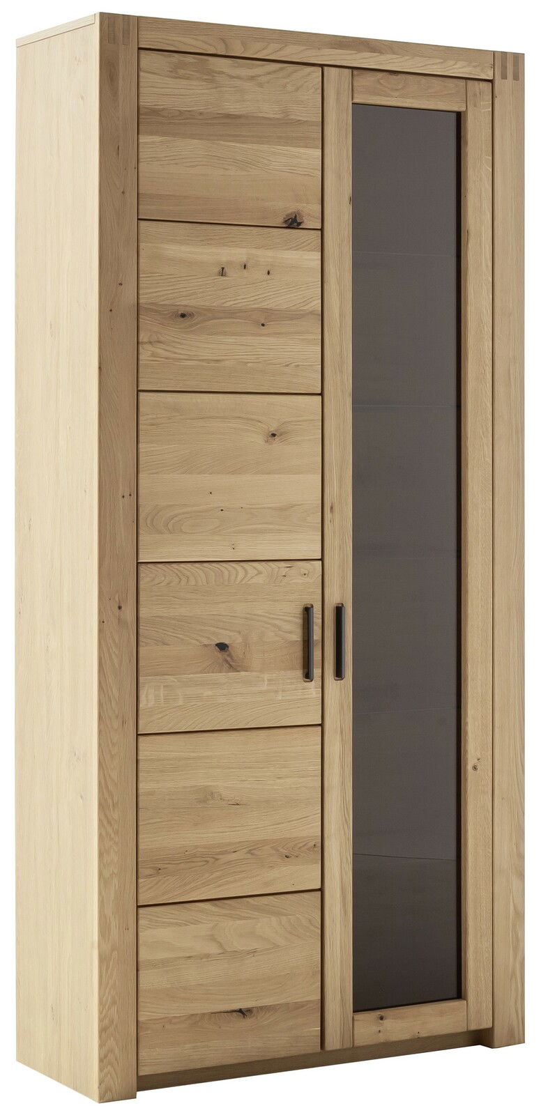 Holz-Kombivitrine mit einer Holztür und einer Glastür, seitliche Perspektive