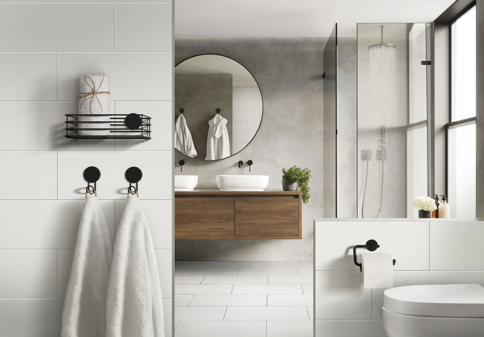 Beslagsboden Toilettenpapierhalter Moderner Toilettenpapierhalter aus Edelstahl in einem stilvollen Badezimmer, seitliche Perspektive.