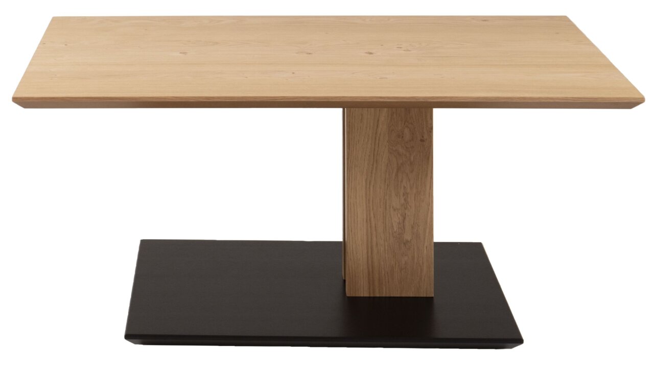 Moderner Couchtisch aus Holz mit rechteckiger Tischplatte und stabiler Basis, seitliche Perspektive