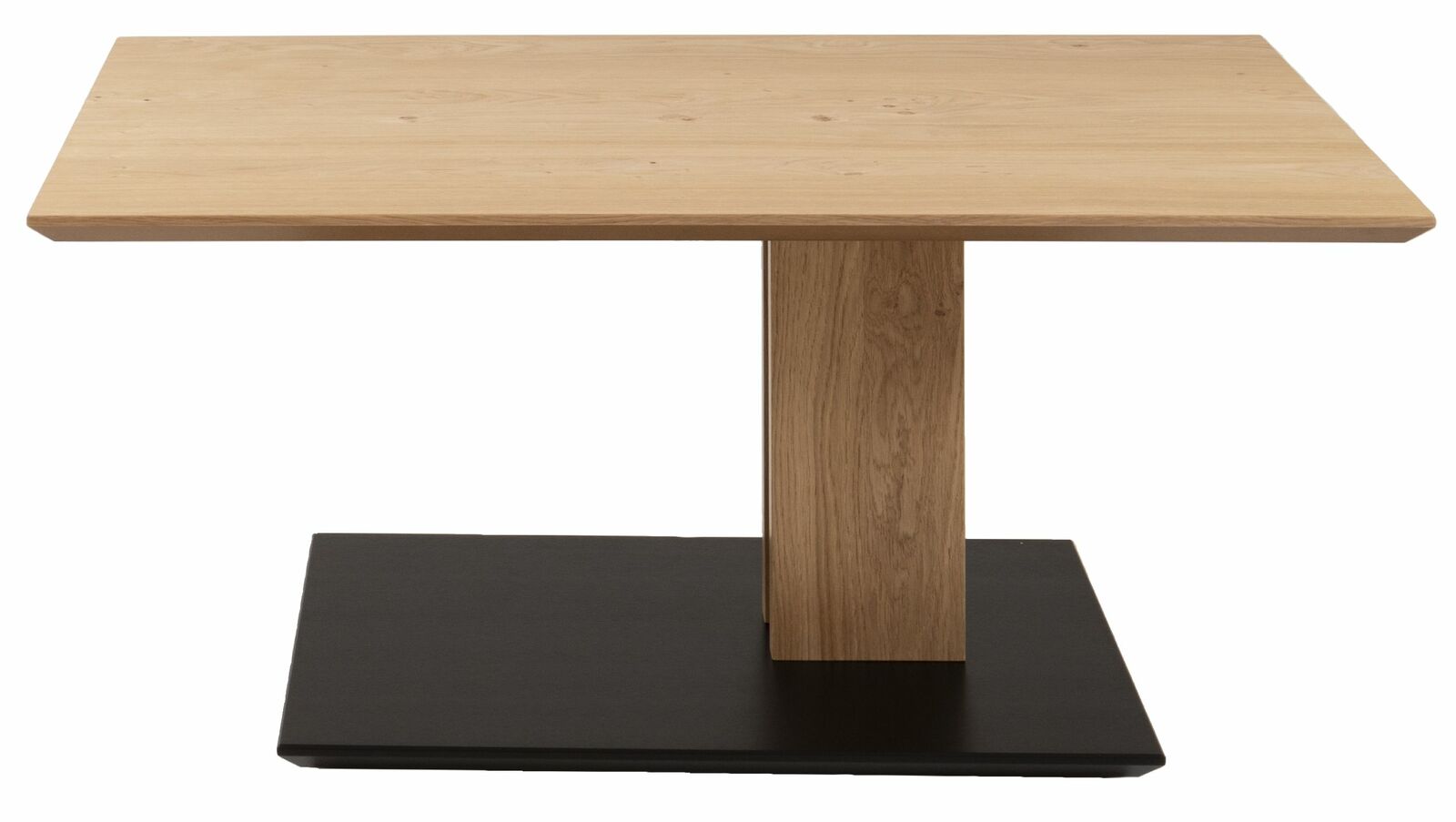 Moderner Couchtisch aus Holz mit rechteckiger Tischplatte und stabiler Basis, seitliche Perspektive