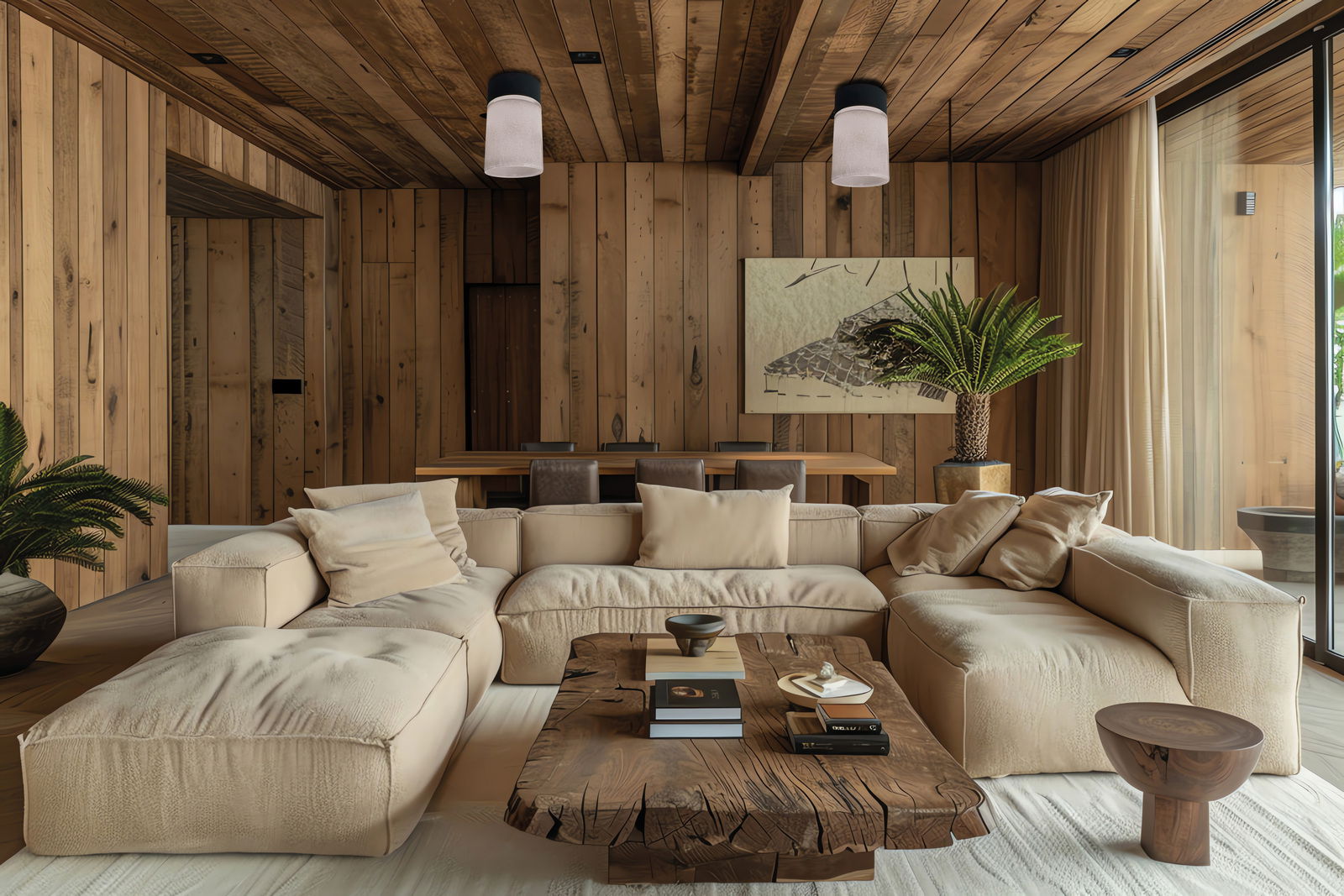 Fischer & Honsel Plaathouder voor accu-lantaarn MIX & MATCH 2 Gemütliches Wohnzimmer mit beiger Couch und rustikalem Holztisch, Deckenleuchten aus schwarzem Metall und Glas, Perspektive von vorne.