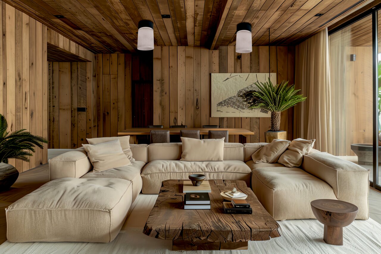 Fischer & Honsel Plattenhalter zu Akku-Windlicht MIX & MATCH 2 Gemütliches Wohnzimmer mit beiger Couch und rustikalem Holztisch, Deckenleuchten aus schwarzem Metall und Glas, Perspektive von vorne.