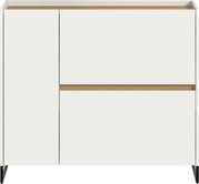 Moderne weiße Kommode/Sideboard mit Holzablage und schwarzem schrägen Metallgestell, Frontansicht