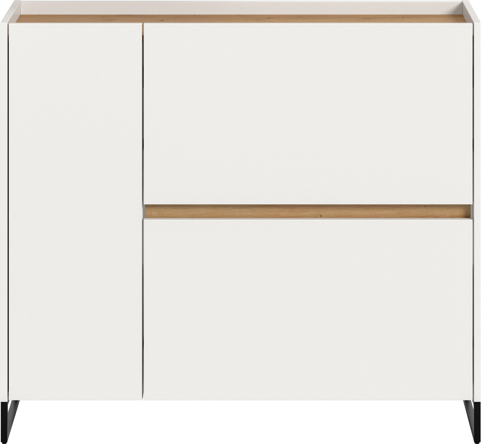 Moderne weiße Kommode/Sideboard mit Holzablage und schwarzem schrägen Metallgestell, Frontansicht