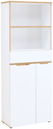 Weißer Regalschrank mit Holzdetails, zwei Türen unten, einem Schubfach in der Mitte und offenen Regalfächern oben, frontal abgebildet.