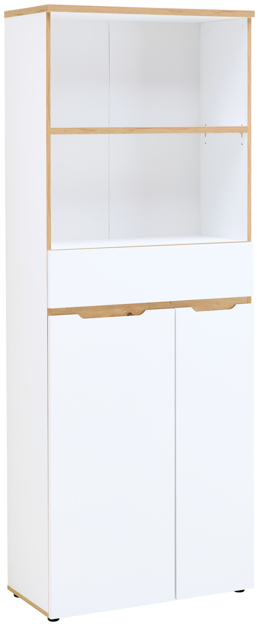 Voleo Regalschrank DETROIT Weißer Regalschrank mit Holzdetails, zwei Türen unten, einem Schubfach in der Mitte und offenen Regalfächern oben, frontal abgebildet.