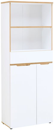 Weißer Regalschrank mit Holzdetails, zwei Türen unten, einem Schubfach in der Mitte und offenen Regalfächern oben, frontal abgebildet.