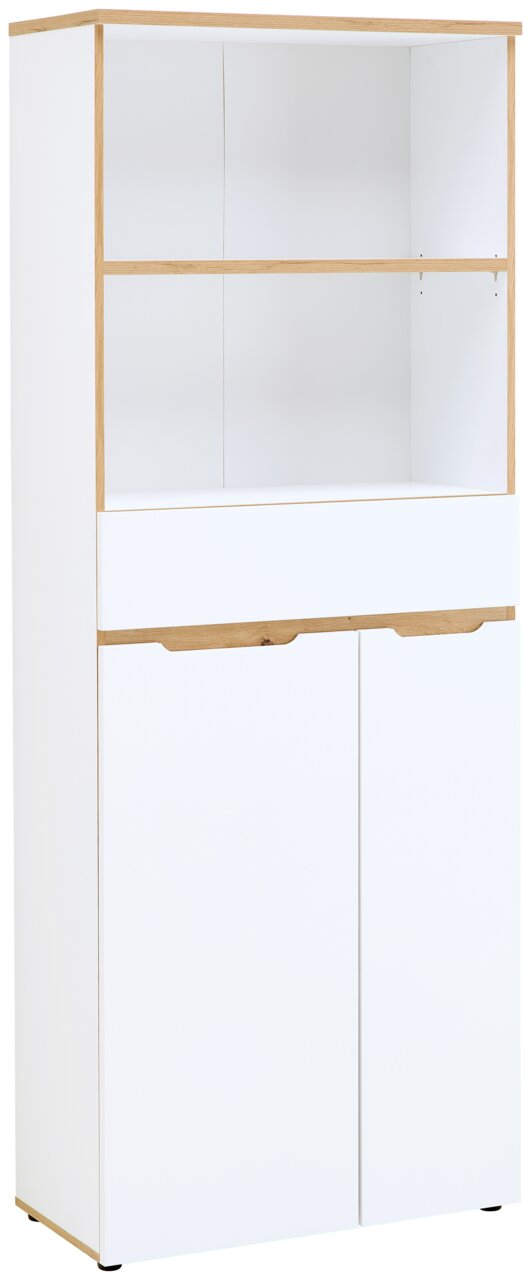 Weißer Regalschrank mit Holzdetails, zwei Türen unten, einem Schubfach in der Mitte und offenen Regalfächern oben, frontal abgebildet.