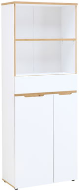 Weißer Regalschrank mit Holzdetails, zwei Türen unten, einem Schubfach in der Mitte und offenen Regalfächern oben, frontal abgebildet.