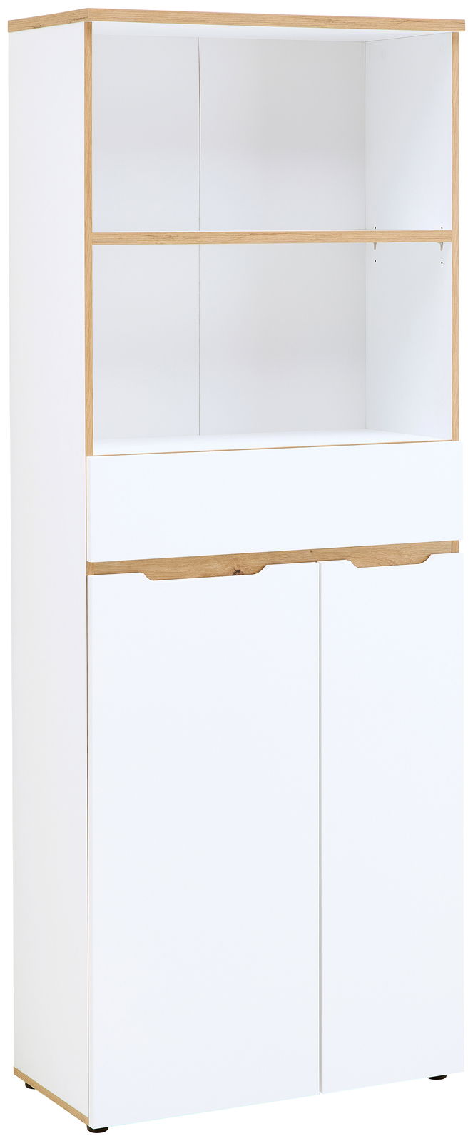 Weißer Regalschrank mit Holzdetails, zwei Türen unten, einem Schubfach in der Mitte und offenen Regalfächern oben, frontal abgebildet.