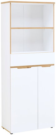 Weißer Regalschrank mit Holzdetails, zwei Türen unten, einem Schubfach in der Mitte und offenen Regalfächern oben, frontal abgebildet.