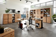 Modernes Büro mit Holz-Aktenschränken und Schreibtisch, seitliche Perspektive