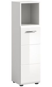 Weißer Standschrank mit drei Schubladen und einem offenen Fach, seitliche Perspektive