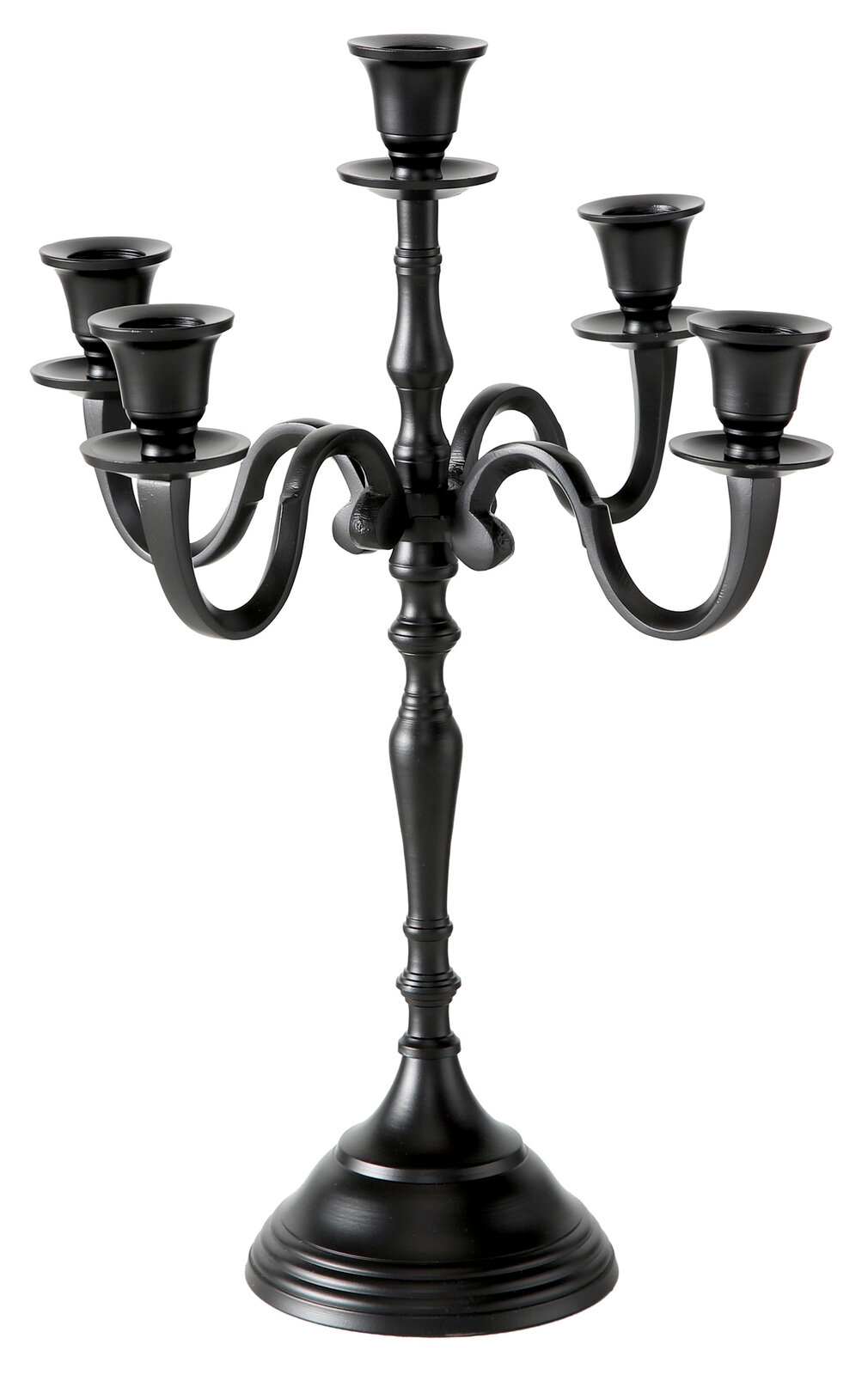 Schwarzer, runder Kerzenleuchter Victoria mit fünf Armen, seitliche Perspektive