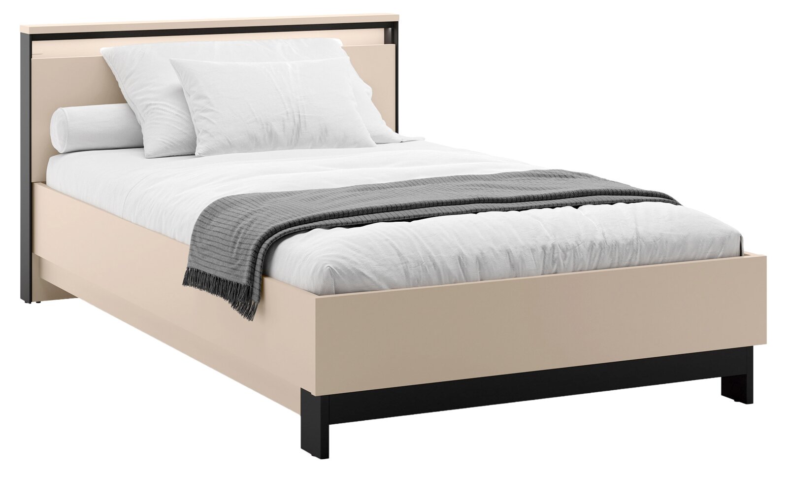 Modern tweekleurig bedframe in beige met zwart frame en hoog hoofdbord, opgemaakt met wit beddengoed en grijze plaid, schuin van voren (driekwartaanzicht) gefotografeerd.