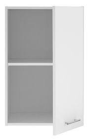 Weißer Aufsatzschrank mit einer offenen Tür, zwei Fächern und einem silbernen Griff, frontal betrachtet.