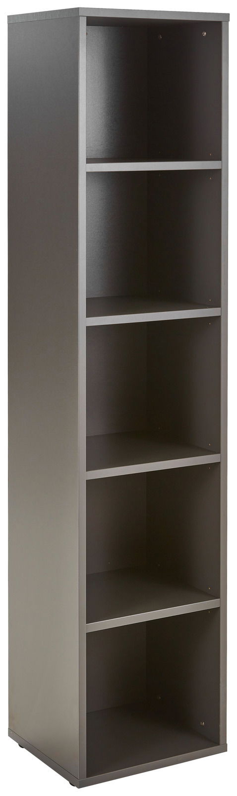 Schmales, hohes Aktenregal mit fünf offenen Fächern, seitliche Perspektive