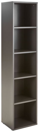 Schmales, hohes Aktenregal mit fünf offenen Fächern, seitliche Perspektive