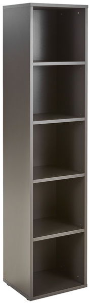 Schmales, hohes Aktenregal mit fünf offenen Fächern, seitliche Perspektive