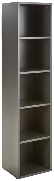 Schmales, hohes Aktenregal mit fünf offenen Fächern, seitliche Perspektive