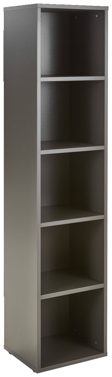 Schmales, hohes Aktenregal mit fünf offenen Fächern, seitliche Perspektive