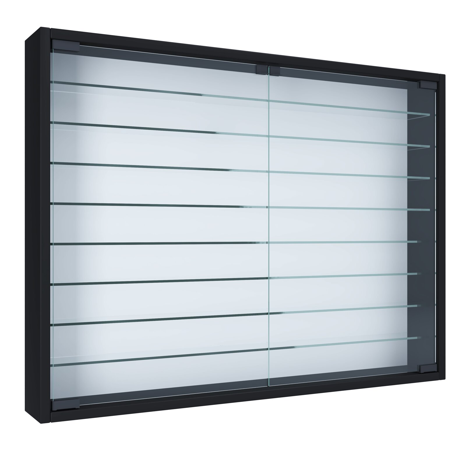 VCM Vitrine MANDOSA Schwarzer Hängeschrank mit Glasfront und mehreren Glasablagen, in leicht schräger Frontansicht von links oben