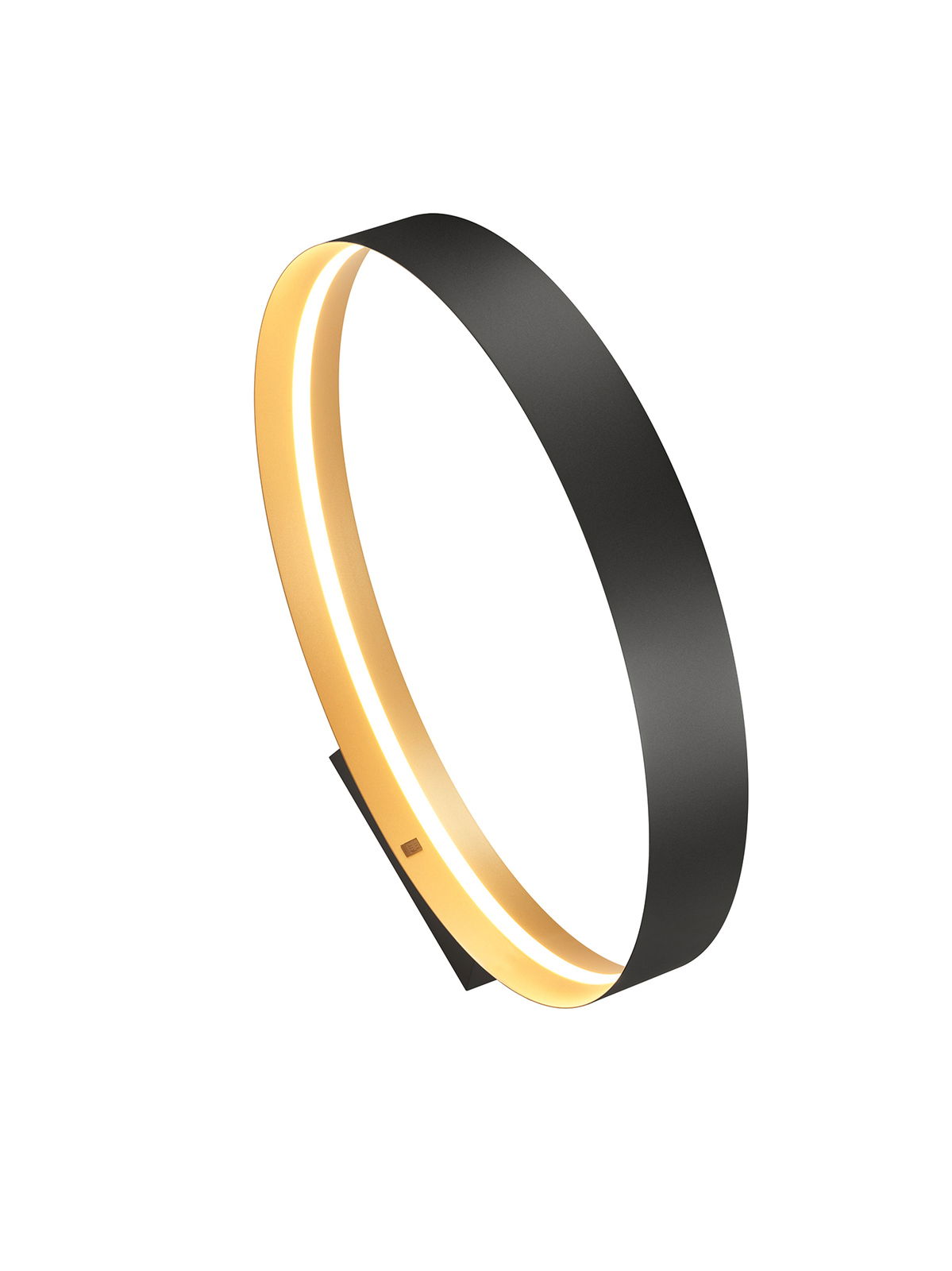 Moderne Stehleuchte LOOP in schwarzem Ringdesign mit warmweißer LED-Beleuchtung, seitliche Perspektive