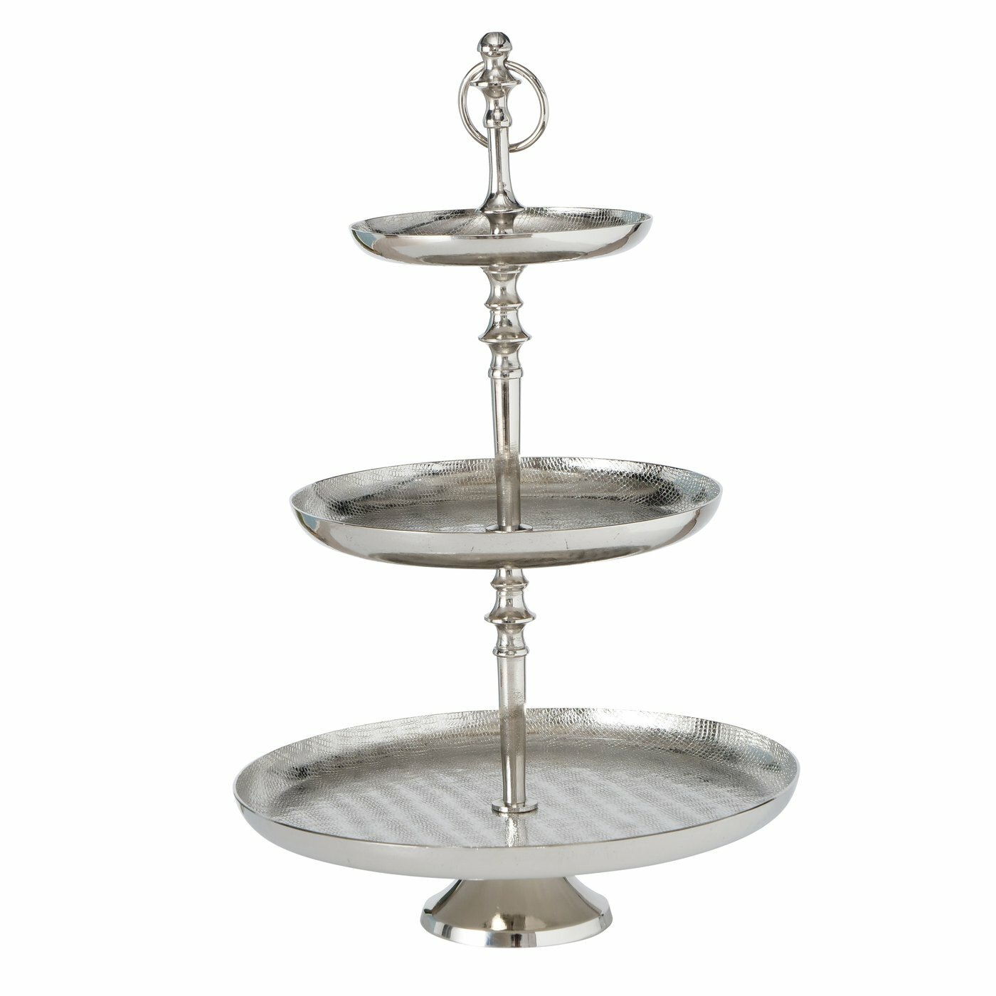 Dreistöckige Etagere aus Aluminium in silberner Farbe, seitliche Perspektive