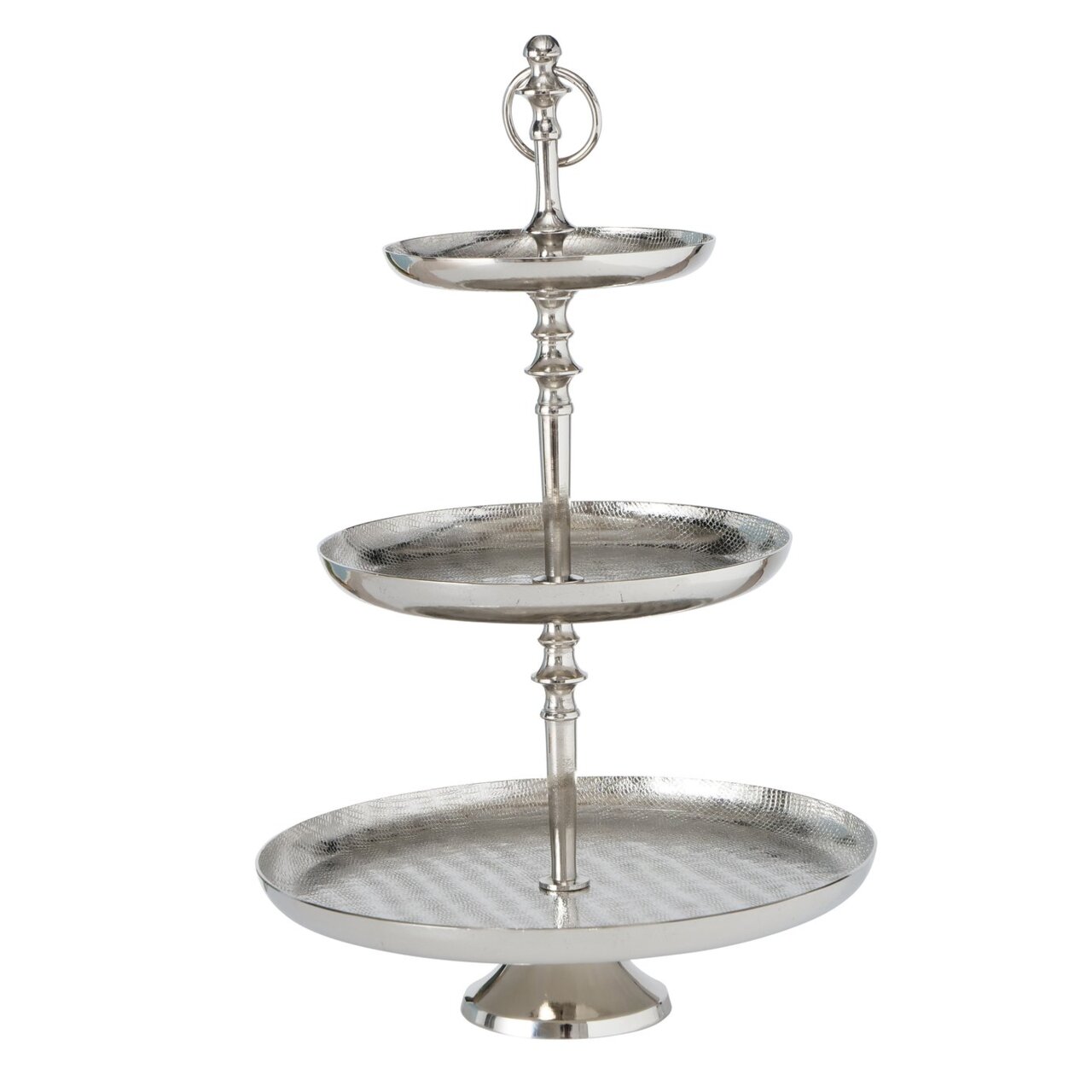 Dreistöckige Etagere aus Aluminium in silberner Farbe, seitliche Perspektive