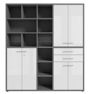 Moderner Aktenschrank mit offenen Fächern und weißen Türen, Frontalansicht