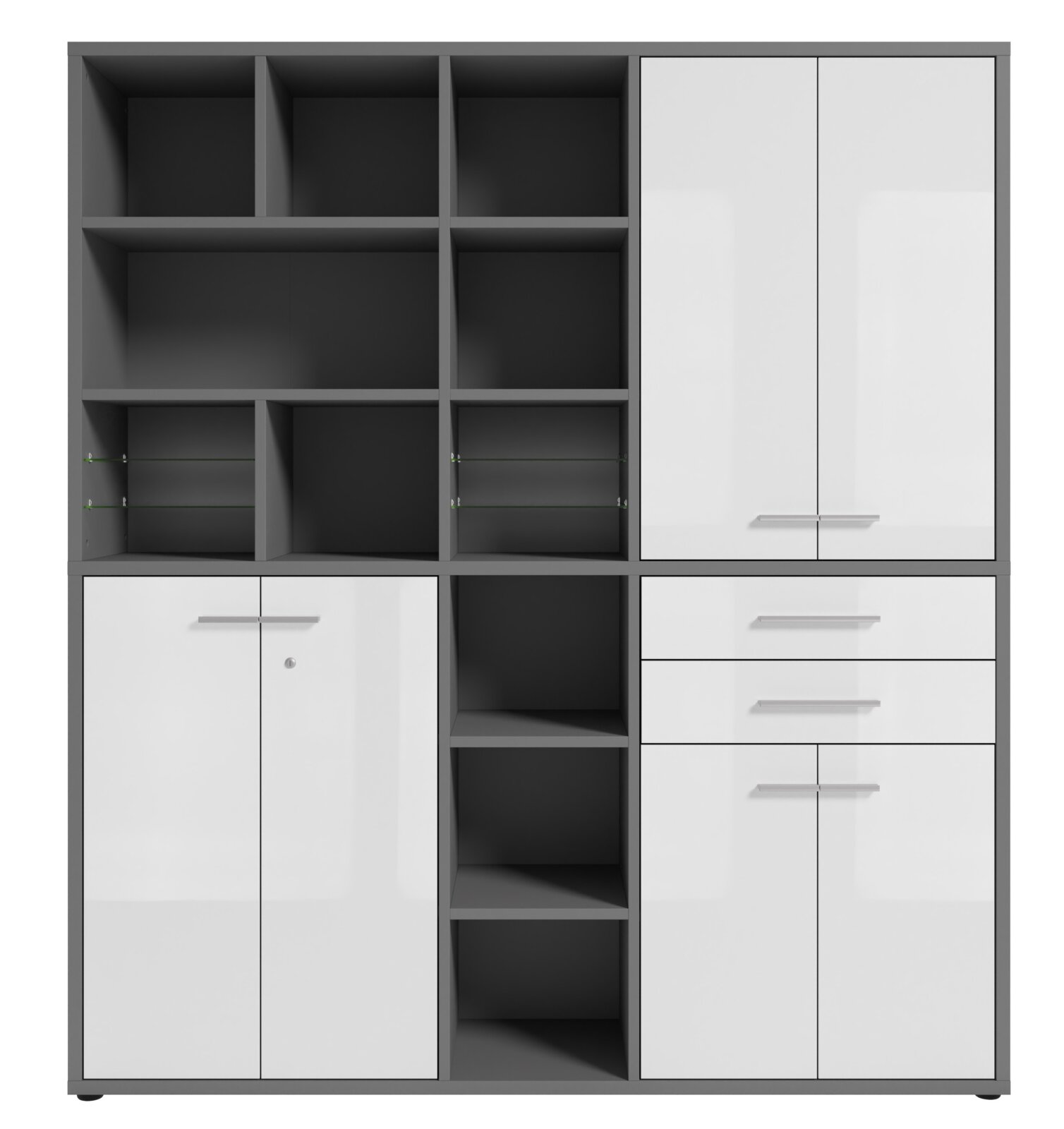 Moderne archiefkast met open vakken en witte deuren, vooraanzicht